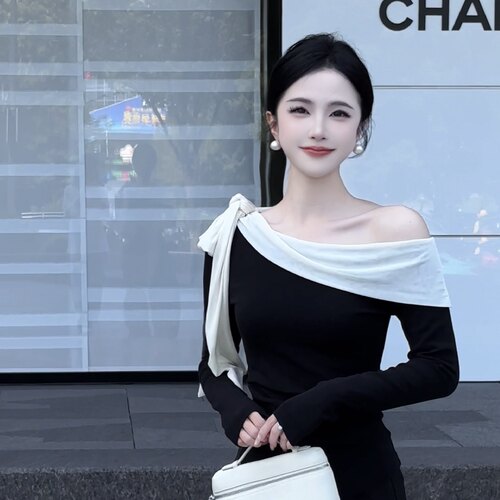 秋季新款长袖斜领飘带上衣露肩T恤女士修身百搭打底衫法式风26495