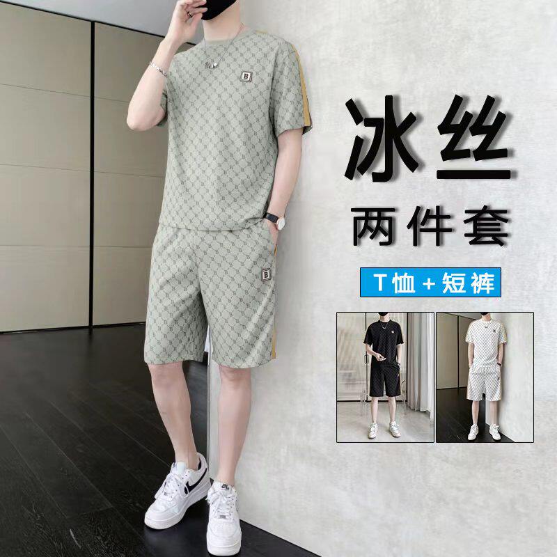 夏季休闲运动短袖套装男士冰丝速干一套时尚搭配欧版短裤男两件套