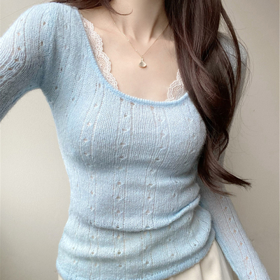 纯欲风别致镂空软糯打底针织衫女春季叠穿修身显瘦长袖罩衫上衣薄