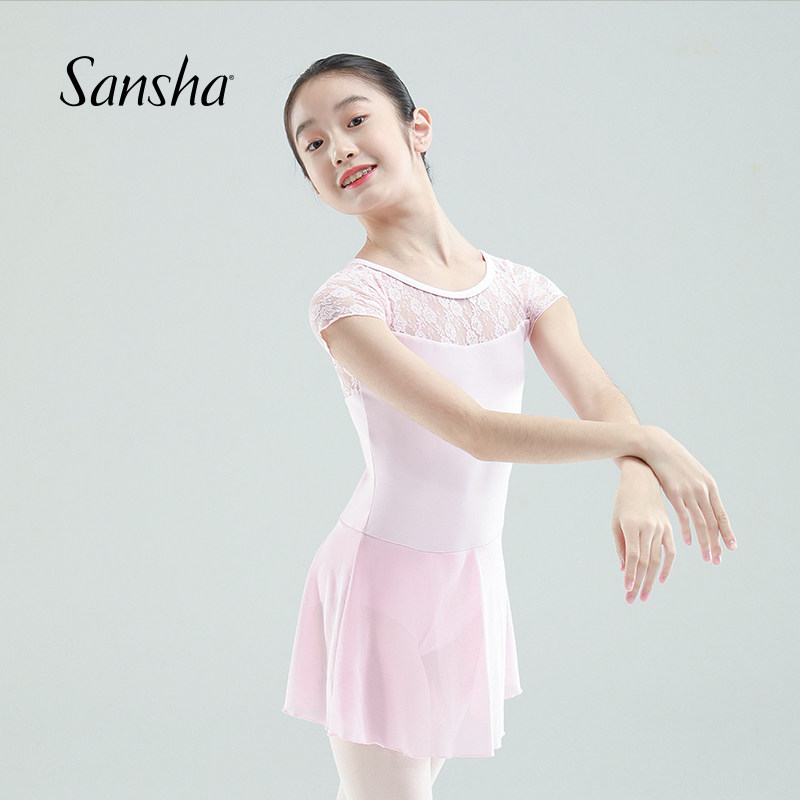sansha 法国三沙儿童舞蹈裙 少女芭蕾舞练功服短袖蕾丝舞服连体裙