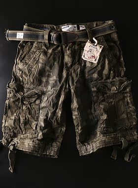51SHOP 男士2018新款夏季休闲工装短裤迷彩配腰带直筒男裤 126052