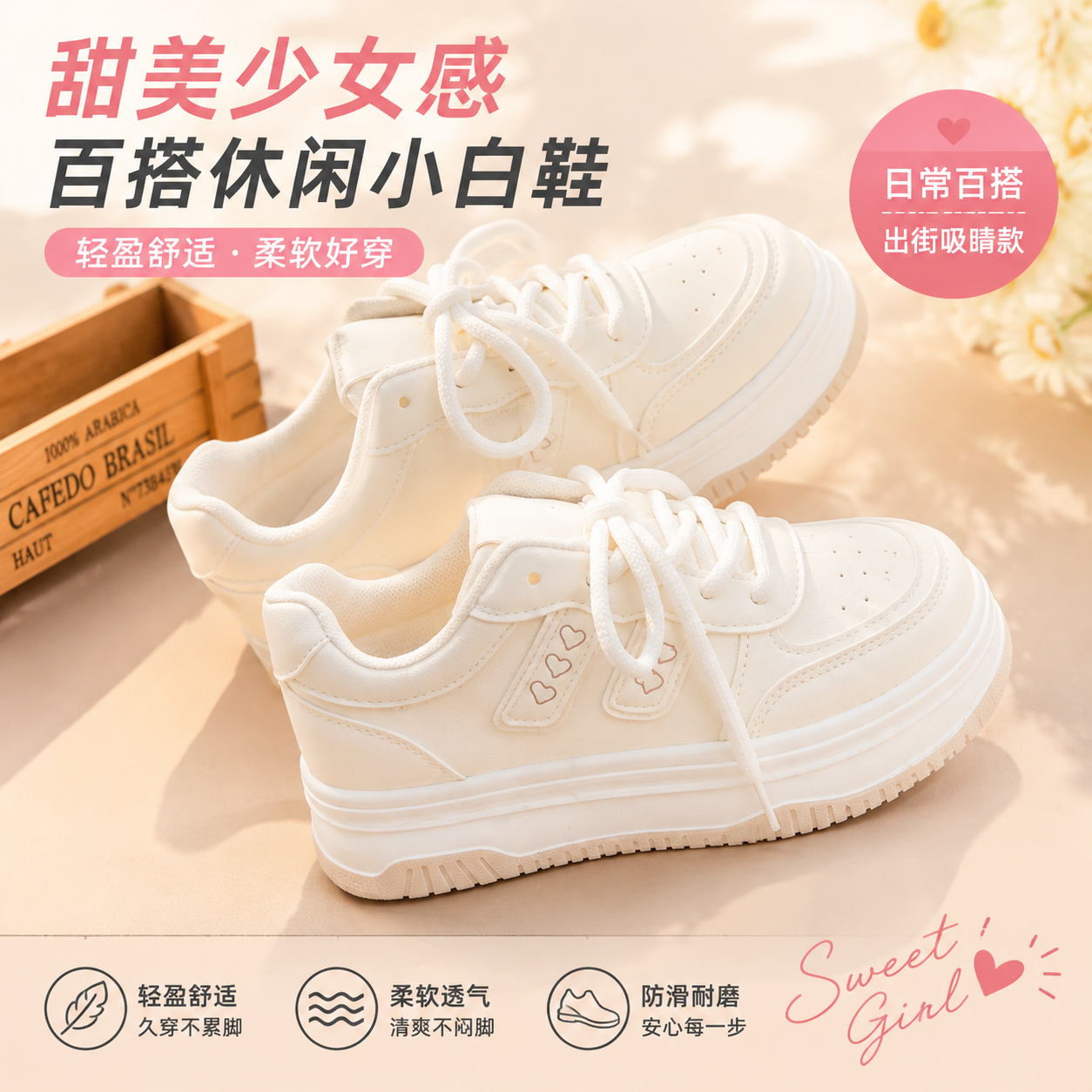 女童春秋新款透气平底小白鞋
