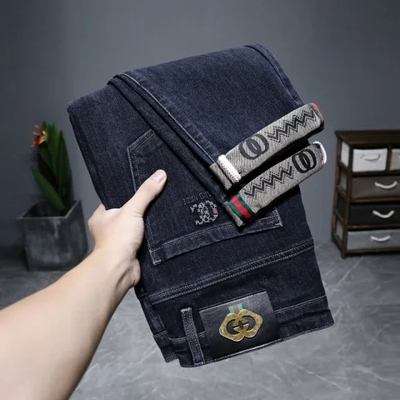 奢韩版保罗修身直筒加绒牛仔裤男