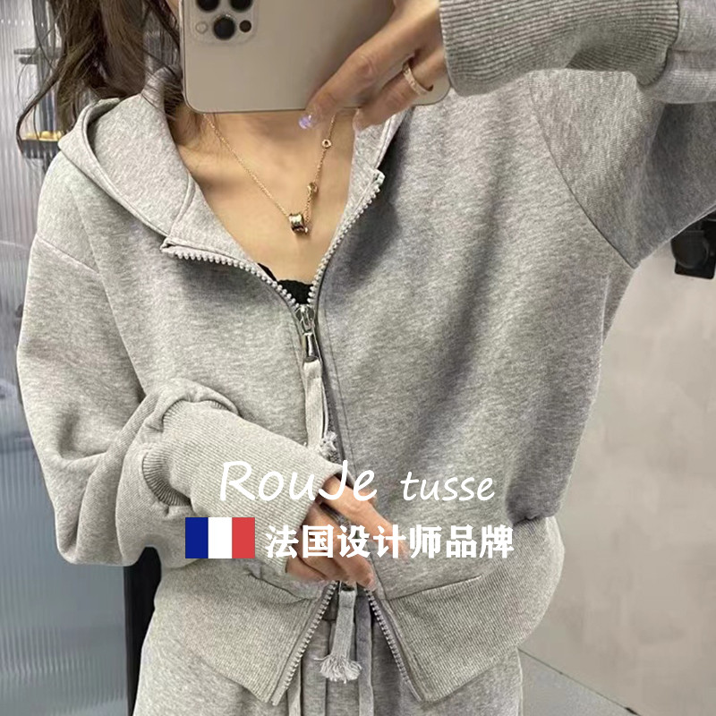 法国Rouje tusse双拉炼开衫连帽灰色短版卫衣女宽松显瘦上衣外套