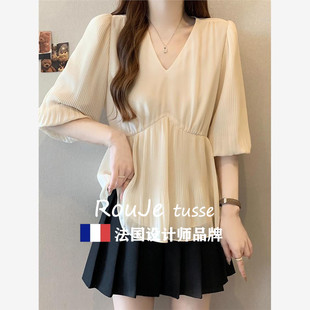 女夏胖mm顯瘦琴褶小衫 Rouje tusse遮肚子V領(lǐng)荷葉邊短袖 雪紡衫 上衣