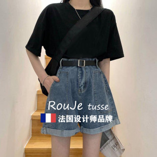法国微胖mm阔腿短裤 宽松高腰显瘦大码 梨形身材牛仔裤