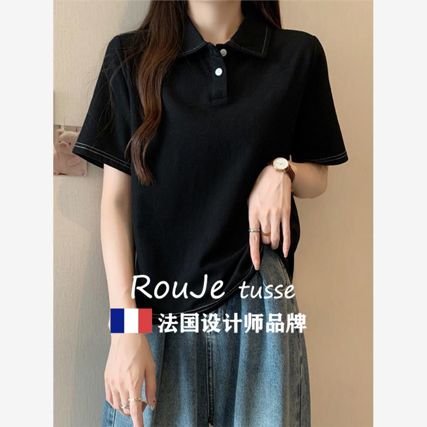 法国Rouje tusse大码女装遮肚正肩POLO领打底衫夏季宽松遮肉上衣