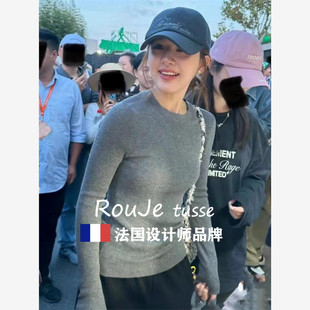 Rouje tusse羊毛针织衫秋冬修身显瘦圆领加厚羊绒毛衣灰色上衣女