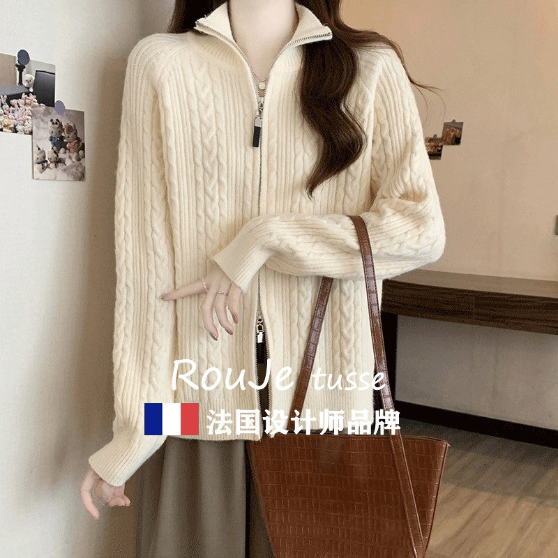 Rouje tusse休闲立领外套女针织衫双拉炼羊毛开衫卫衣羊绒毛衣秋