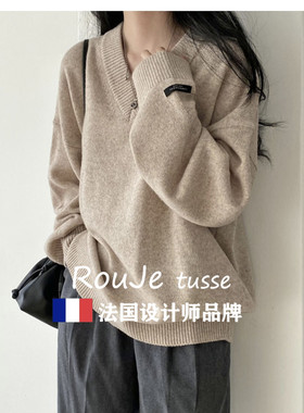 Rouje tusse大码慵懒风灰色v领毛衣女春季胖mm中长款羊毛针织上衣