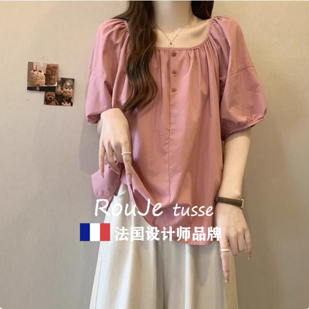 法国Rouje tusse大码遮肚子小香风泡泡袖衬衫女夏季显瘦正肩上衣