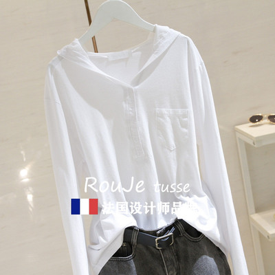 网红连帽t恤女白色长袖ins超火2025春秋宽松显瘦棉质设计感上衣潮