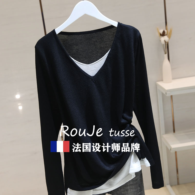 假两件V领针织衫女长袖2025春季新款宽松显瘦设计感打底衫上衣潮