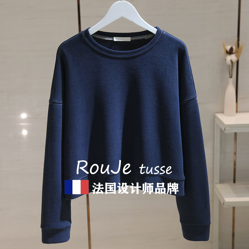 法国Rouje tusse圆领卫衣女长袖宽松显瘦百搭套头小个子短款上衣