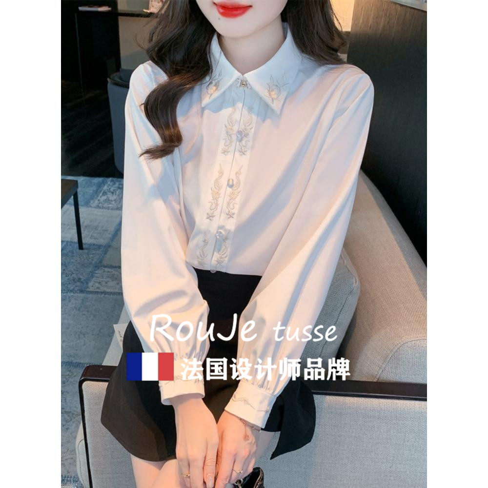 法国Rouje tusse新中式汉服白衬衫复古国风刺绣长袖衬衣配马面裙