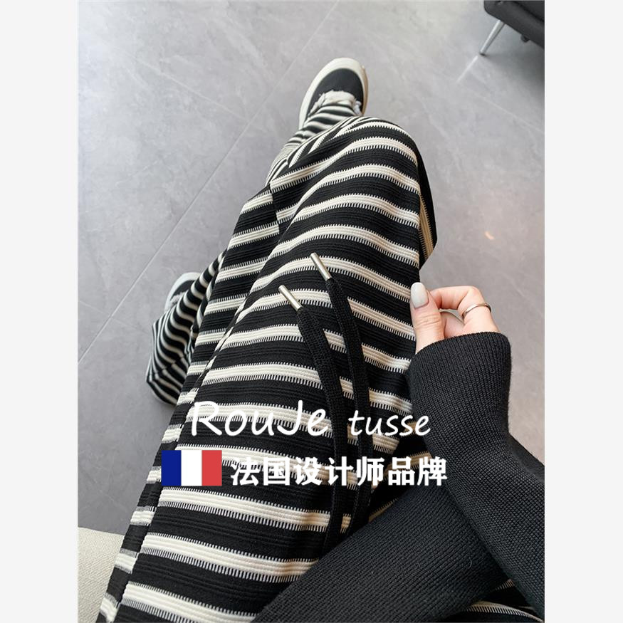法国Rouje tusse大尺码条纹休闲裤女高腰抽绳显瘦直筒裤宽松拖地
