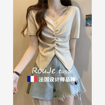 RIGHT SINI大码遮肚子不规则短袖T恤女夏季胖妹百搭正肩显瘦上衣