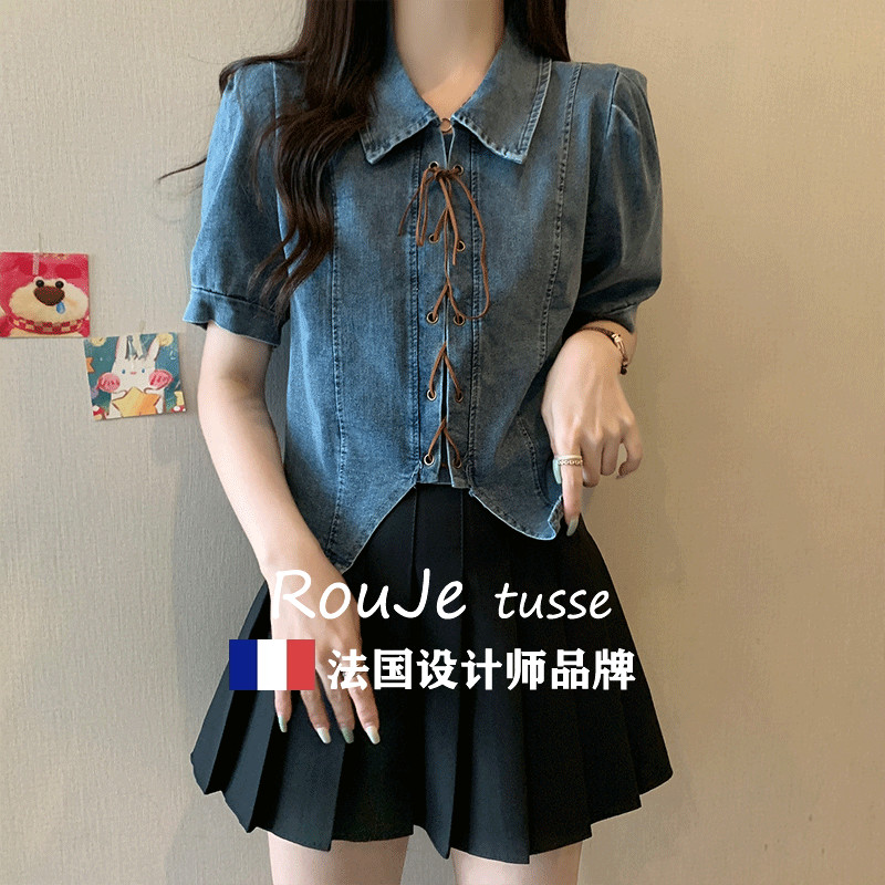 法国Rouje tusse系带正肩复古短袖牛仔衬衫女气质减龄别致上衣潮
