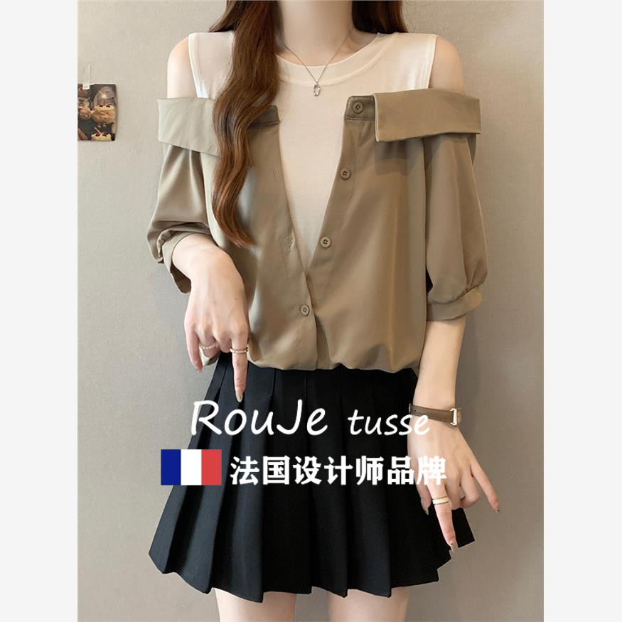 Rouje tusse遮肚子假两件露肩小众衬衫女夏季胖妹妹洋气显瘦上衣