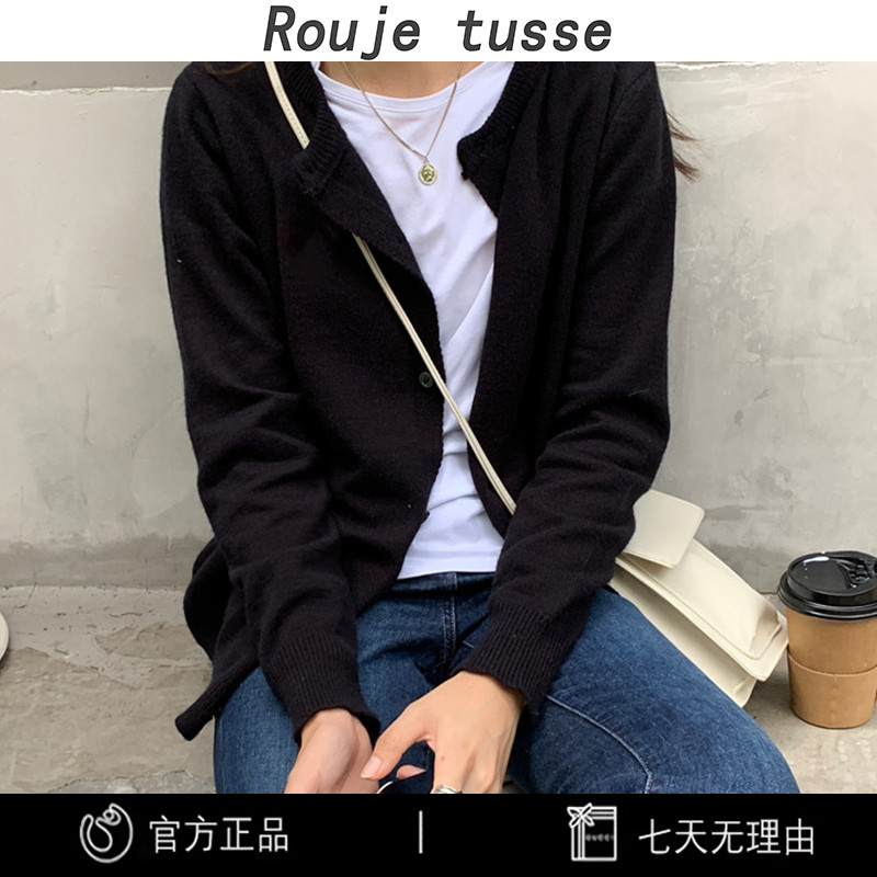 2024年秋季新款长袖羊绒毛衣针织开衫女慵懒风软糯黑色羊毛外套潮