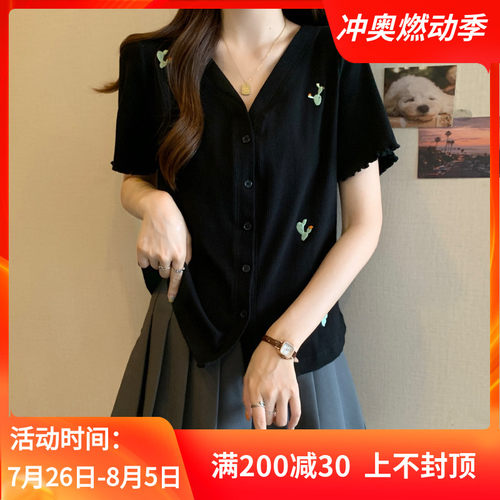 RIGHT SINI大码女装遮肚子复古刺绣V领打底衫女夏季宽松显瘦上衣