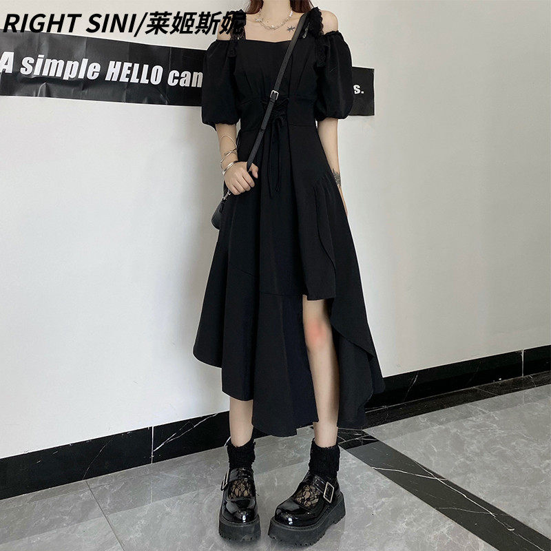 大码遮肚子不规则黑色赫本风长裙女夏季胖妹妹过膝显瘦吊带连衣裙