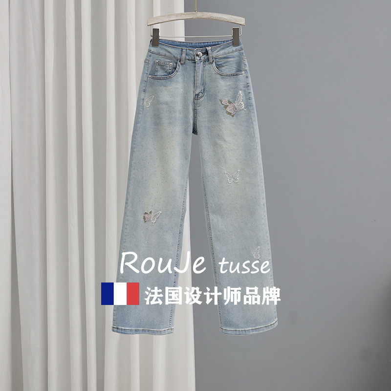 法国Rouje tusse高腰宽松直筒牛仔裤女刺绣烫钻显瘦窄版阔腿裤秋