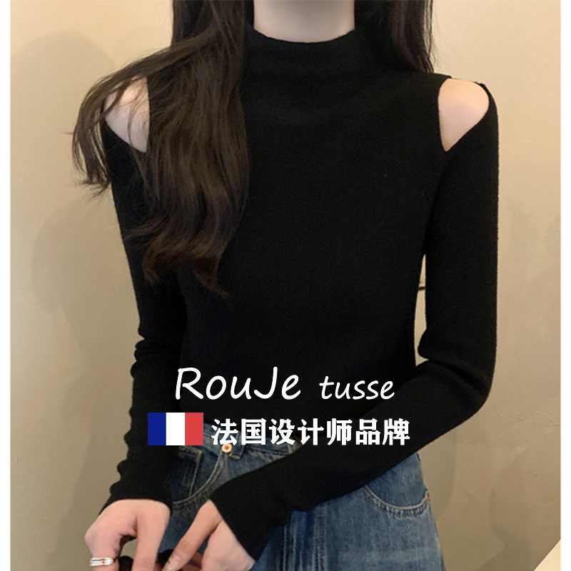 Rouje tusse半高领露肩套头针织打底衫女小众修身内搭羊毛毛衣
