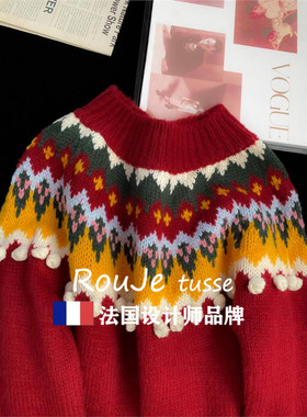 费尔岛新年红色圆领套头羊毛针织衫女秋冬款加厚宽松羊绒毛衣上衣