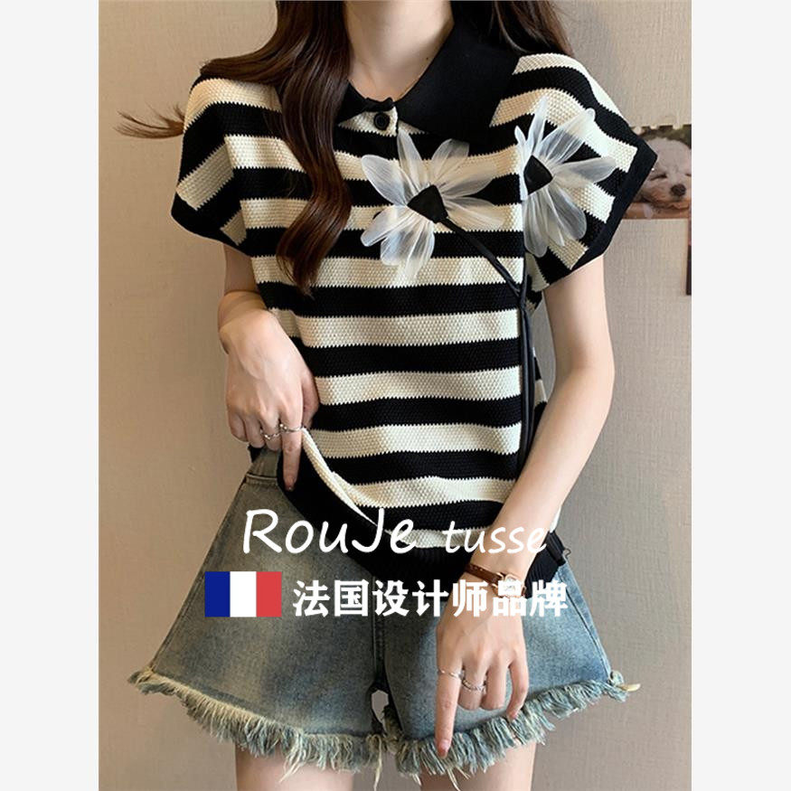法国Rouje tusse大码遮肚子POLO领立体花朵短袖T恤女条纹正肩上衣