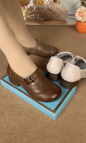 头层牛皮软底圆头中跟妈妈鞋
