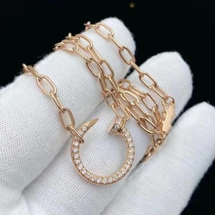 高档钉子玫瑰金椭圆吊坠金属链条项链女复古闪钻装饰不褪色