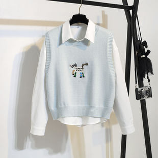 衬衫女2026春季新款高级感小马刺绣针织毛衣马甲叠穿两件套装上衣