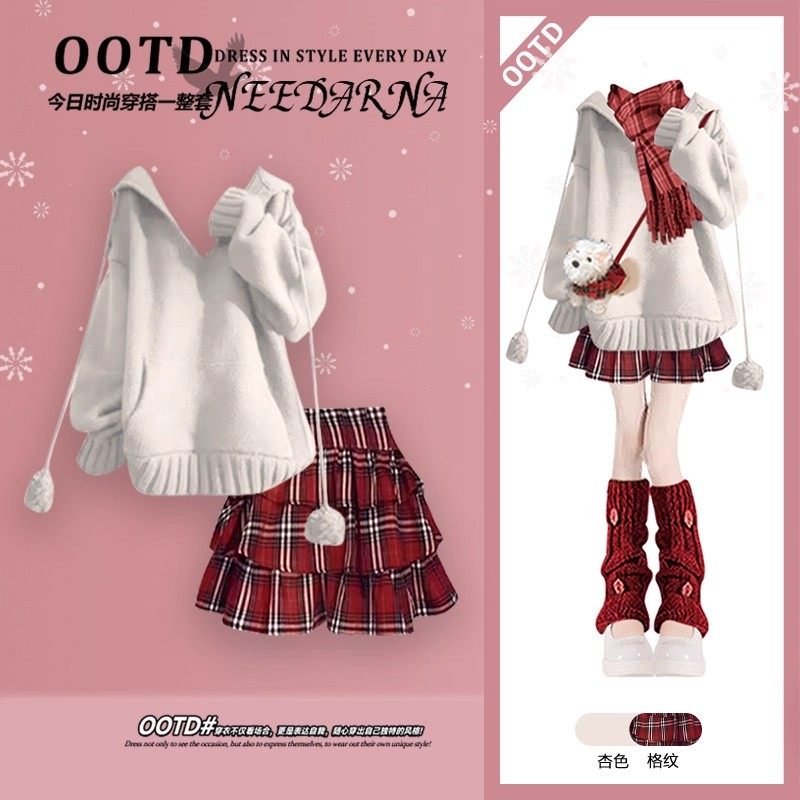 圣诞穿搭富家千金miu系连衣裙子2026超火冬装一整套针织毛衣裙女