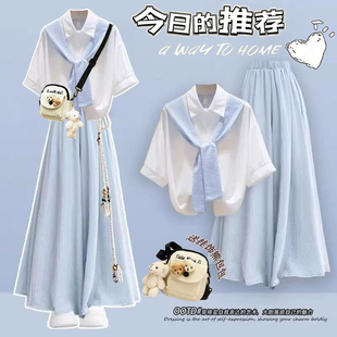 夏季小清新穿搭套装女韩版宽松学院风假两件短袖衬衫阔腿裤两件套