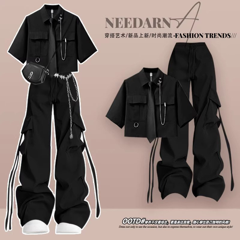 夏日韩系一整套ootd穿搭独特漂亮绝美小套装酷飒拽姐炸街工装裤女