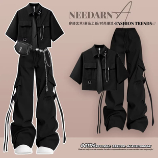 夏日韩系一整套ootd穿搭独特漂亮绝美小套装酷飒拽姐炸街工装裤女