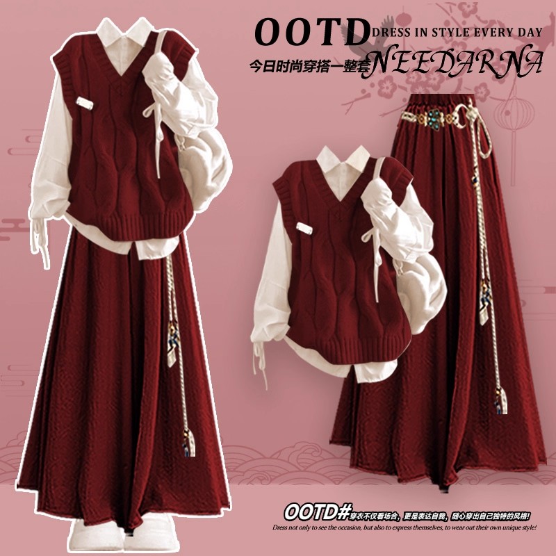 新年战袍小香风红色连衣裙长裙超好看的冬装一整套圣诞穿搭高级感