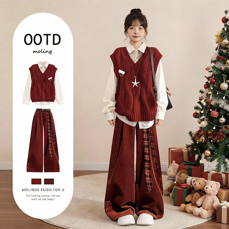 圣诞穿搭冬季一整套女装2025红系穿搭针织马甲衬衫阔腿裤三件套