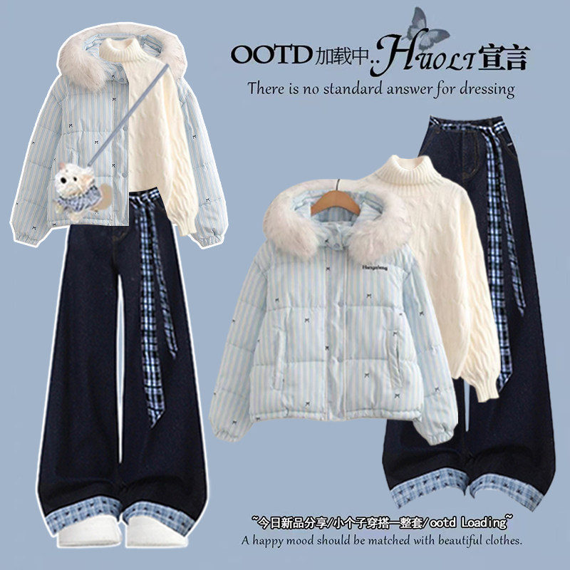 冬季套装女2025新款学生甜美毛领棉服高领毛衣时尚牛仔裤三件套,女装/女士精品,时尚套装,淘宝优惠券,粉丝福利购,淘宝优惠卷