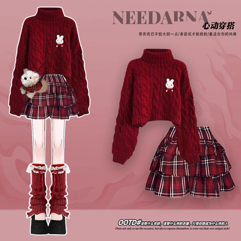 圣诞节富家千金miu系穿搭冬季针织连衣裙新年战袍红色毛衣短裙子