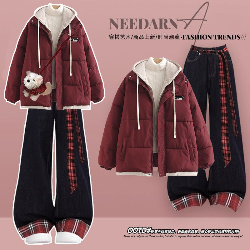 2025冬季套装女学生韩版宽松假两件加厚棉服格子拼接牛仔裤两件套