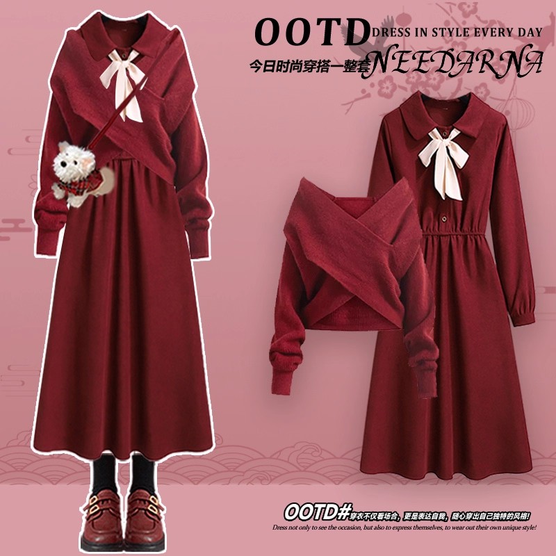 圣诞节穿搭法式裙子巨好看的冬装一整套高级感新年战袍红色连衣裙