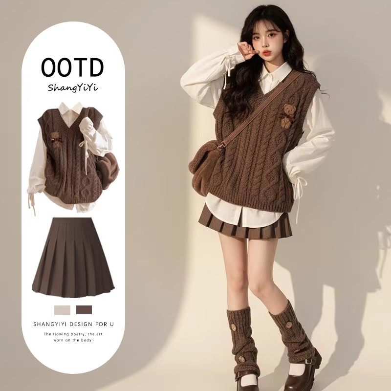 学院风衬衫马甲2026超火早春一整套ootd穿搭韩系减龄美拉德套装裙