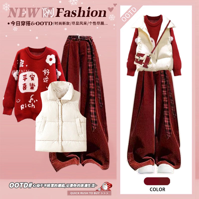 秋季穿搭套装女时尚宽松学院风棉服马甲叠穿针织毛衣格子裤三件套