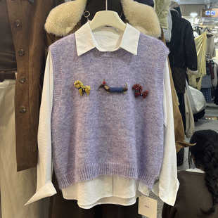 学院风两件套立体装饰针织马甲长袖衬衫女春秋季新款百搭叠穿上衣