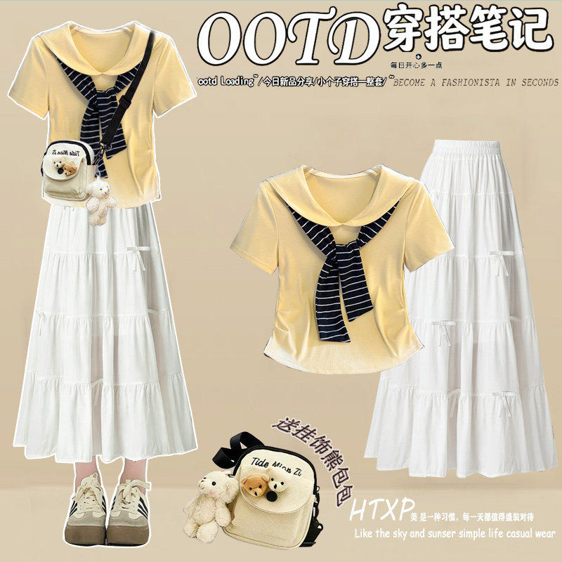 奶系海军领连衣裙青少年女孩夏日穿搭初高中学生短袖+半身裙套装
