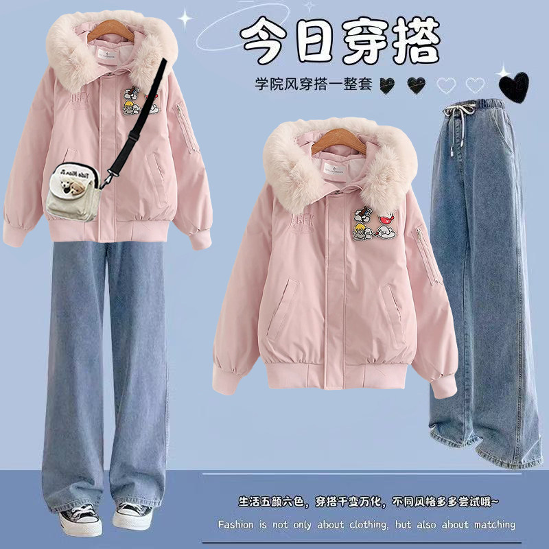 冬季套装女2026新款学生卡通宽松学院风棉服时尚裤松紧牛仔套装