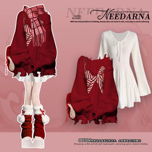 法式富家千金miu系穿搭冬装红色针织连衣裙跨过新年战袍毛衣套装