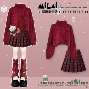 2025冬季红色加厚针织毛衣初中生巨好看的jk百褶裙红色裙套装